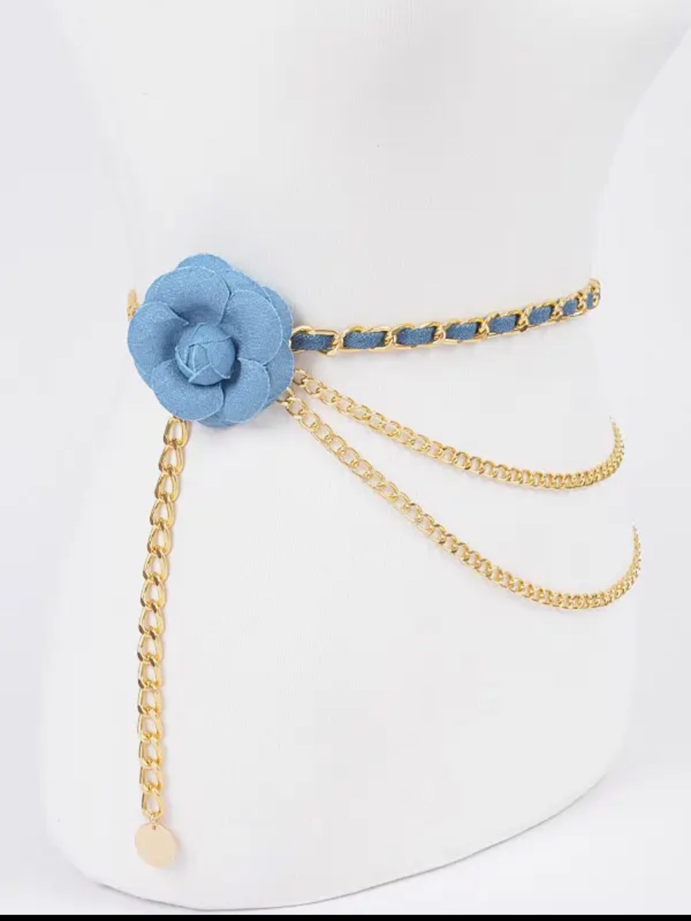 ShopEvelynne Gold Chain Belt with Blue Flower Accent